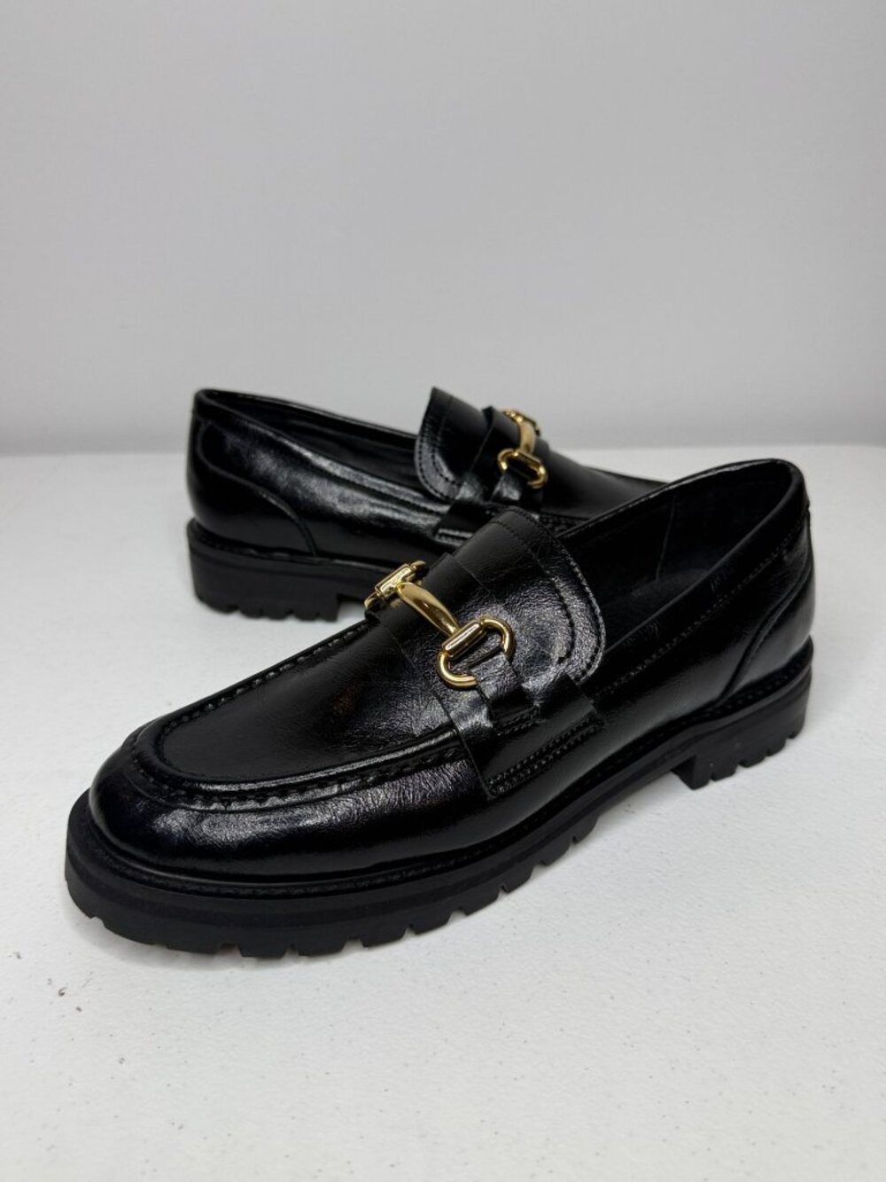 Steve Madden Mistor Black Leather Horsebit Lug Sole Loafers 9 Preppy Academia